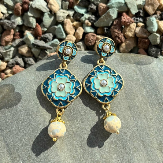 Dunhuang-Inspired Vintage Floral Enamel Drop Earrings | Bohemian Ethnic Statement Jewelry