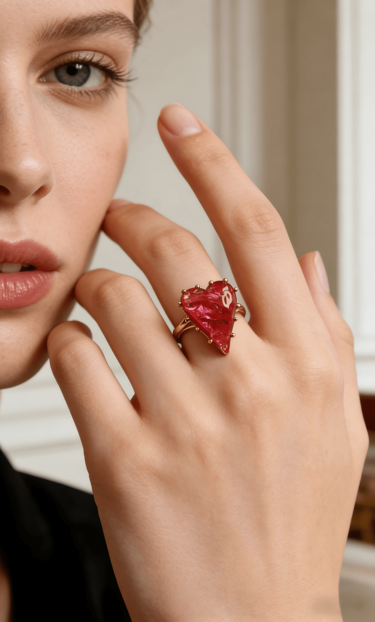 Vintage Crackled Glass Heart Ring – Bold Ruby Red Adjustable Band - Doraflora