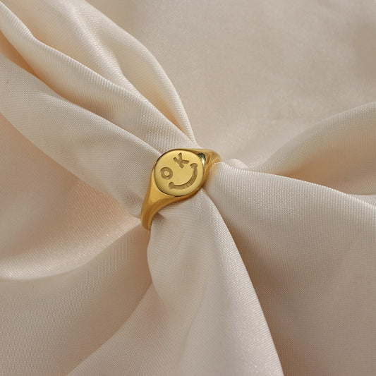 Fashion 316L Stainless Steel Gold Plated OK Smiley Face Gold Rings For Women Round Signet Ring Jewelry marquise cut ring