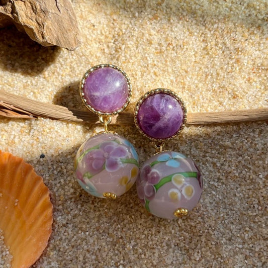 Purple Mica & Hand-Painted Floral Drop Earrings | Boho-Chic Statement Jewelry