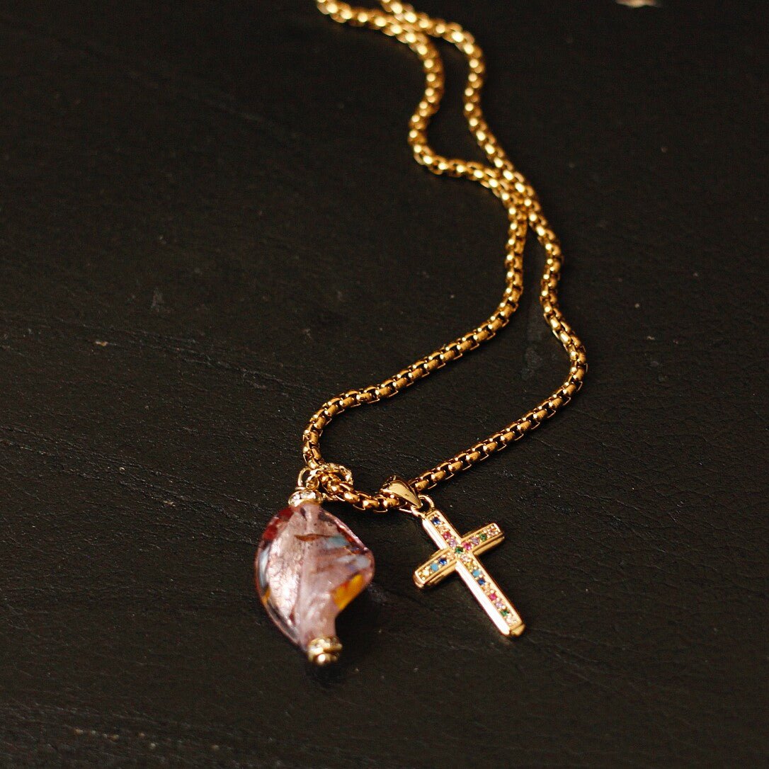 14K Gold Filled Vintage Murano Glass & Rainbow Cross Necklace | Old Money Style - Doraflora