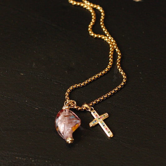 14K Gold Filled Vintage Murano Glass & Rainbow Cross Necklace | Old Money Style - Doraflora