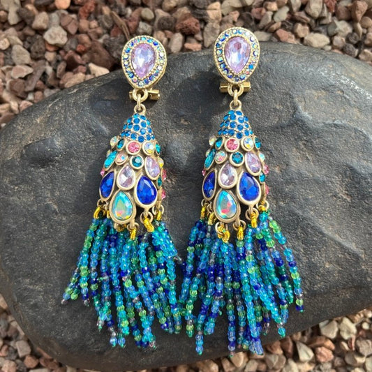 Vintage Ethnic Peacock Earrings | Artisanal Antique Bead & Crystal Tassel Drop Jewelry