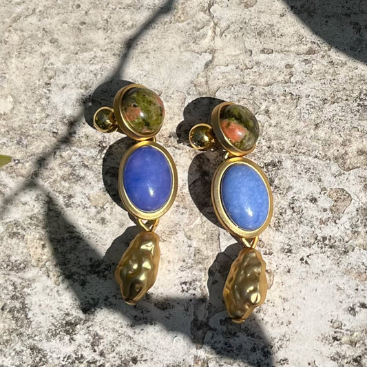 French Vintage Natural Lapis Lazuli Drop Earrings | Mid-Century Luxury Minimalist Gemstone Jewelry