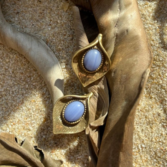 Vintage Blue Lace Agate Stud Earrings | Artisan Brass Statement Jewelry