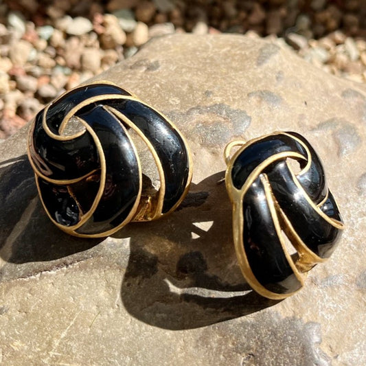 Black Enamel & Gold Intertwined Clip-On Earrings | Mid-Century Luxury Statement Jewelry