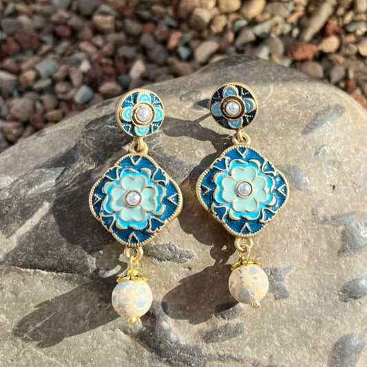 Dunhuang-Inspired Vintage Floral Enamel Drop Earrings | Bohemian Ethnic Statement Jewelry