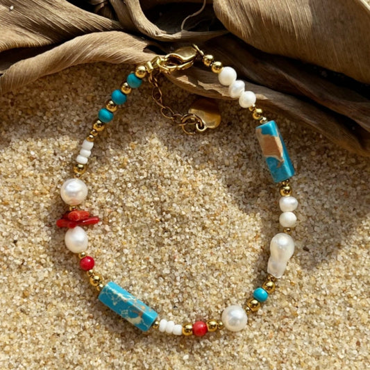 Natural Blue Vein Stone & Baroque Freshwater Pearl Bracelet | Gold-Plated Versatile Layering Jewelry