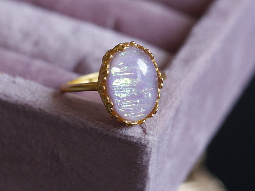 French Retro Iridescent Opal Ring | Handcrafted Gold Setting | Heirloom Jewelry - Doraflora