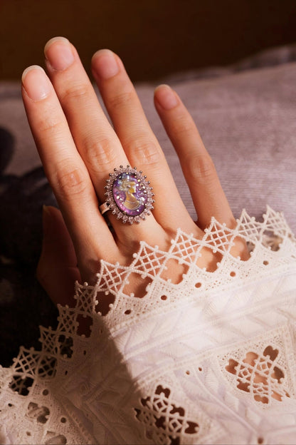 French Retro Purple Cameo Ring | Handcrafted with Swarovski Crystals | Anxiety Relief Amethyst Jewelry - Doraflora