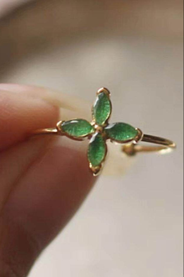 Green Enamel Four - Leaf Clover Ring - Doraflora
