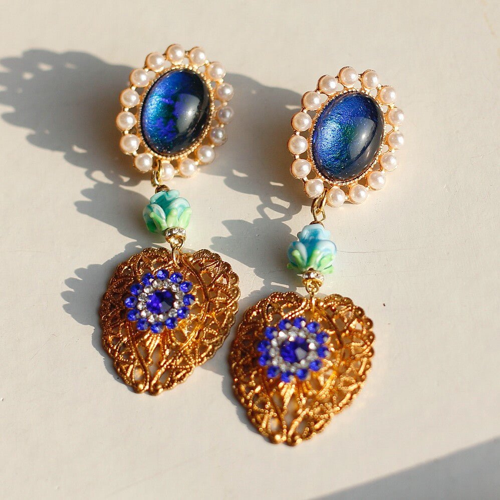 Peacock Opal Pearl Drop Earrings | Filigree Leaf & Turquoise Rose - Doraflora