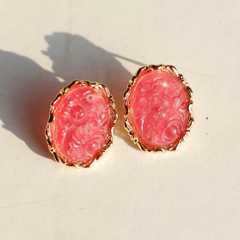 Pink Floral Carved Stud Earrings | Vintage Resin Cameo Gold - Tone - Doraflora