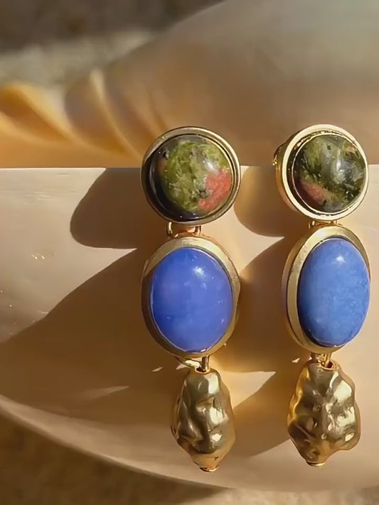 French Vintage Natural Lapis Lazuli Drop Earrings | Mid-Century Luxury Minimalist Gemstone Jewelry