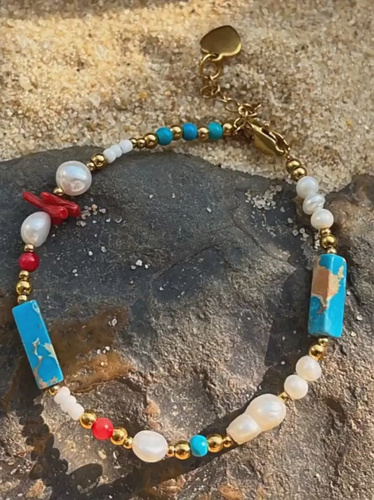 Natural Blue Vein Stone & Baroque Freshwater Pearl Bracelet | Gold-Plated Versatile Layering Jewelry