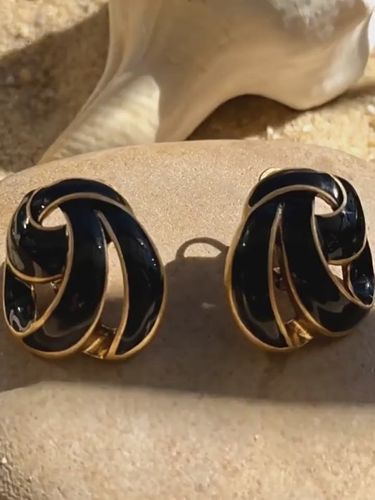Black Enamel & Gold Intertwined Clip-On Earrings | Mid-Century Luxury Statement Jewelry