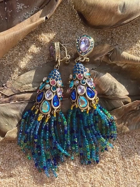 Vintage Ethnic Peacock Earrings | Artisanal Antique Bead & Crystal Tassel Drop Jewelry