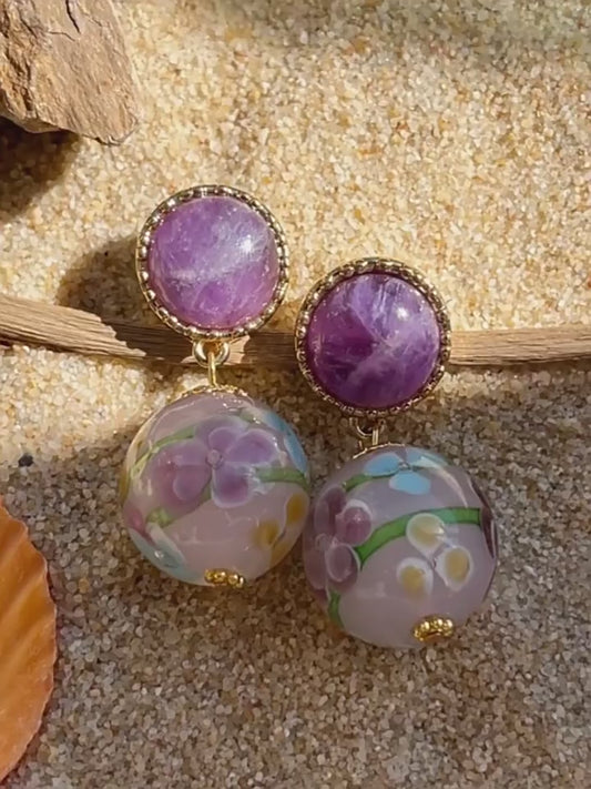Purple Mica & Hand-Painted Floral Drop Earrings | Boho-Chic Statement Jewelry