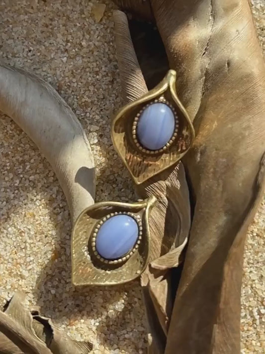 Vintage Blue Lace Agate Stud Earrings | Artisan Brass Statement Jewelry