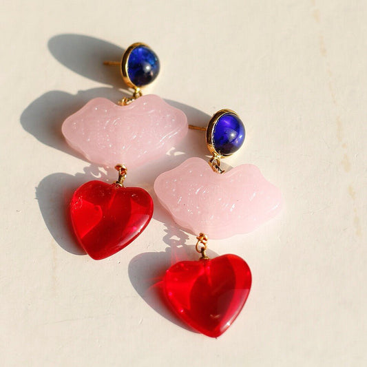 Ruyi Lock Heart Earrings | Pink Red Resin Blue Accent - Doraflora