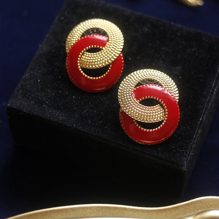 Vintage Red Enamel & Gold Interlocking Stud Earrings | Old Money Aesthetic