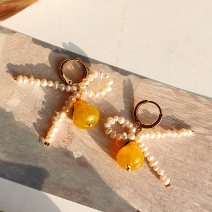 Yellow Pear Pearl Tassel Earrings | Vintage Gold-Tone Huggie Hoops
