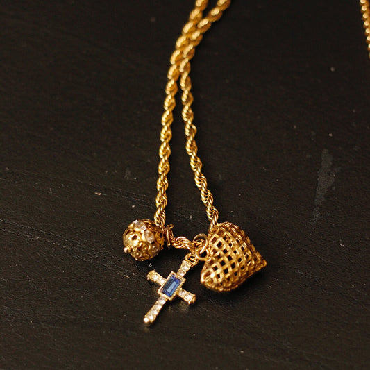 14K Gold Filled Multi-Charm Heart & Cross Pendant Necklace | Vintage Jewelry