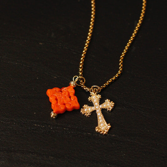 Vintage Coral Flower & Pearl Cross Necklace | Old Money Style
