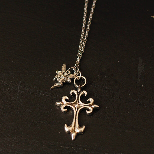 Titanium Steel Filigree Cross & Fairy Charm Necklace | Gothic Vintage Jewelry - Doraflora