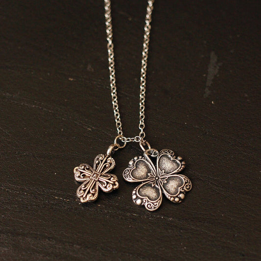 Titanium Steel Filigree Cross & Four - Leaf Clover Necklace | Vintage Lucky Jewelry - Doraflora