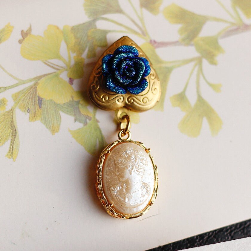 Vintage Blue Rose Heart Brooch | Pearl Cameo Antique Jewelry - Doraflora