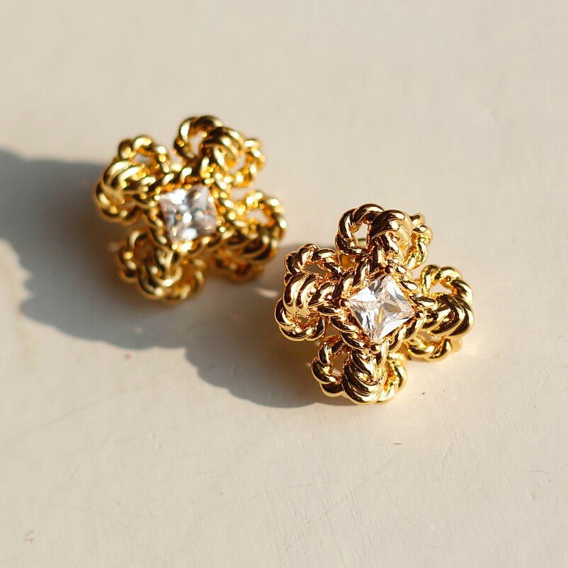 Vintage Braided Crystal Flower Stud Earrings – Gold - Tone Square CZ Center - Doraflora