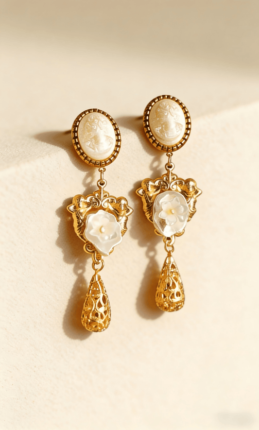 Vintage Cameo Drop Earrings | Baroque Filigree & Pearl Flower - Doraflora