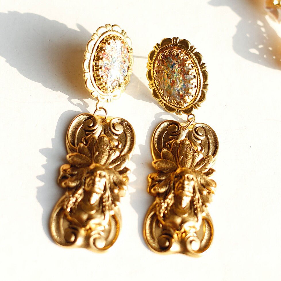 Vintage Chief Head Drop Earrings | Iridescent Glass & Antique Gold - Doraflora