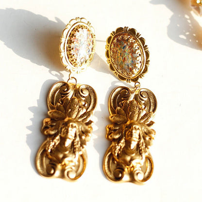 Vintage Chief Head Drop Earrings | Iridescent Glass & Antique Gold - Doraflora