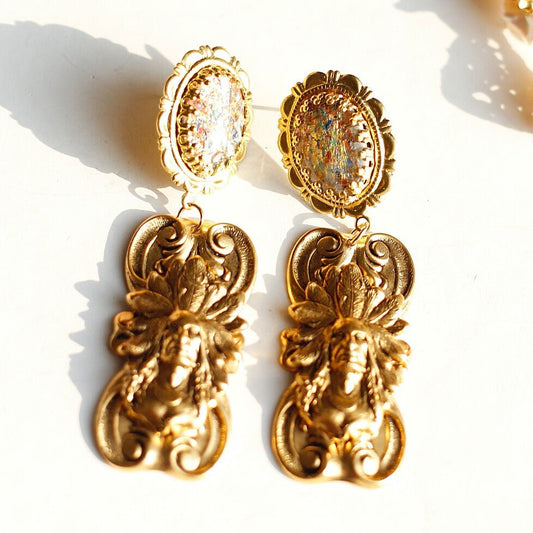 Vintage Chief Head Drop Earrings | Iridescent Glass & Antique Gold - Doraflora