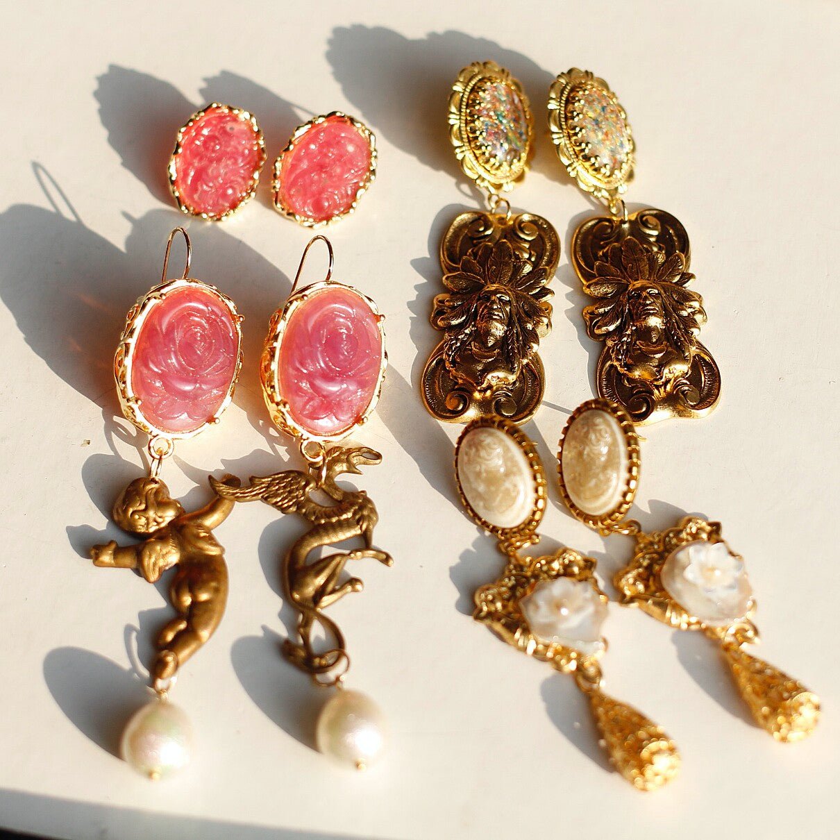 Vintage Coral Cameo Bird Drop Earrings – Baroque Pearl & Emerald Accent - Doraflora