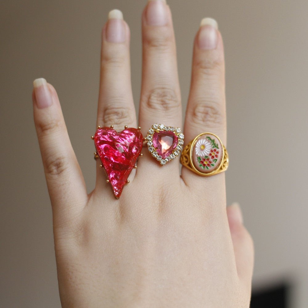 Vintage Crackled Glass Heart Ring – Bold Ruby Red Adjustable Band - Doraflora