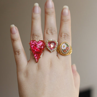 Vintage Crackled Glass Heart Ring – Bold Ruby Red Adjustable Band - Doraflora