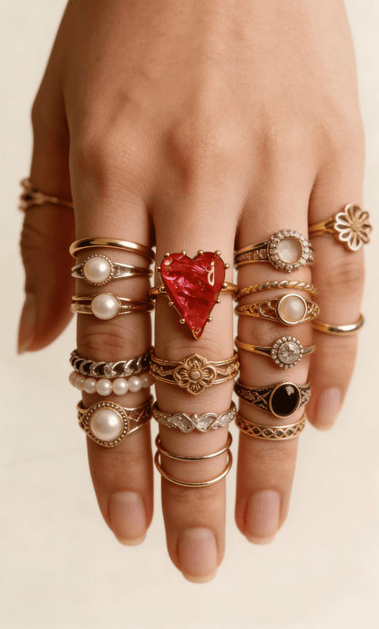 Vintage Crackled Glass Heart Ring – Bold Ruby Red Adjustable Band - Doraflora