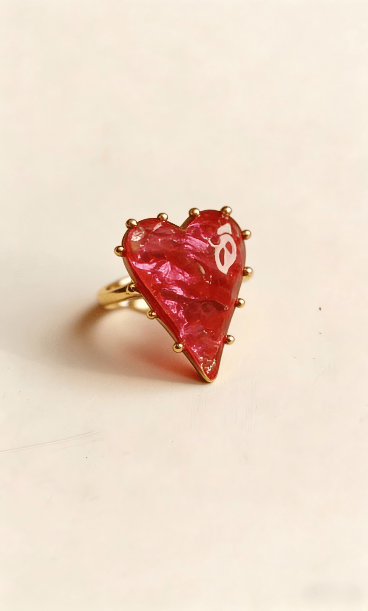 Vintage Crackled Glass Heart Ring – Bold Ruby Red Adjustable Band - Doraflora