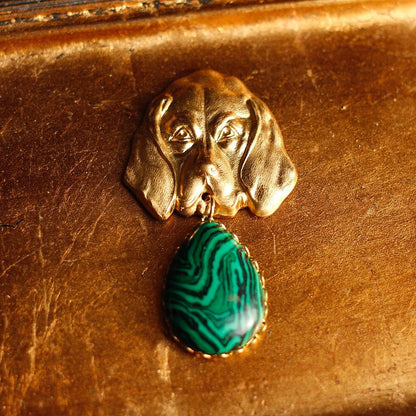 Vintage Gold Dog Malachite Brooch | Antique Pet Jewelry - Doraflora