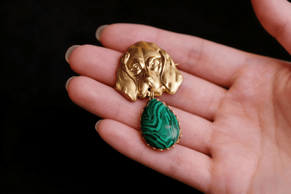Vintage Gold Dog Malachite Brooch | Antique Pet Jewelry - Doraflora