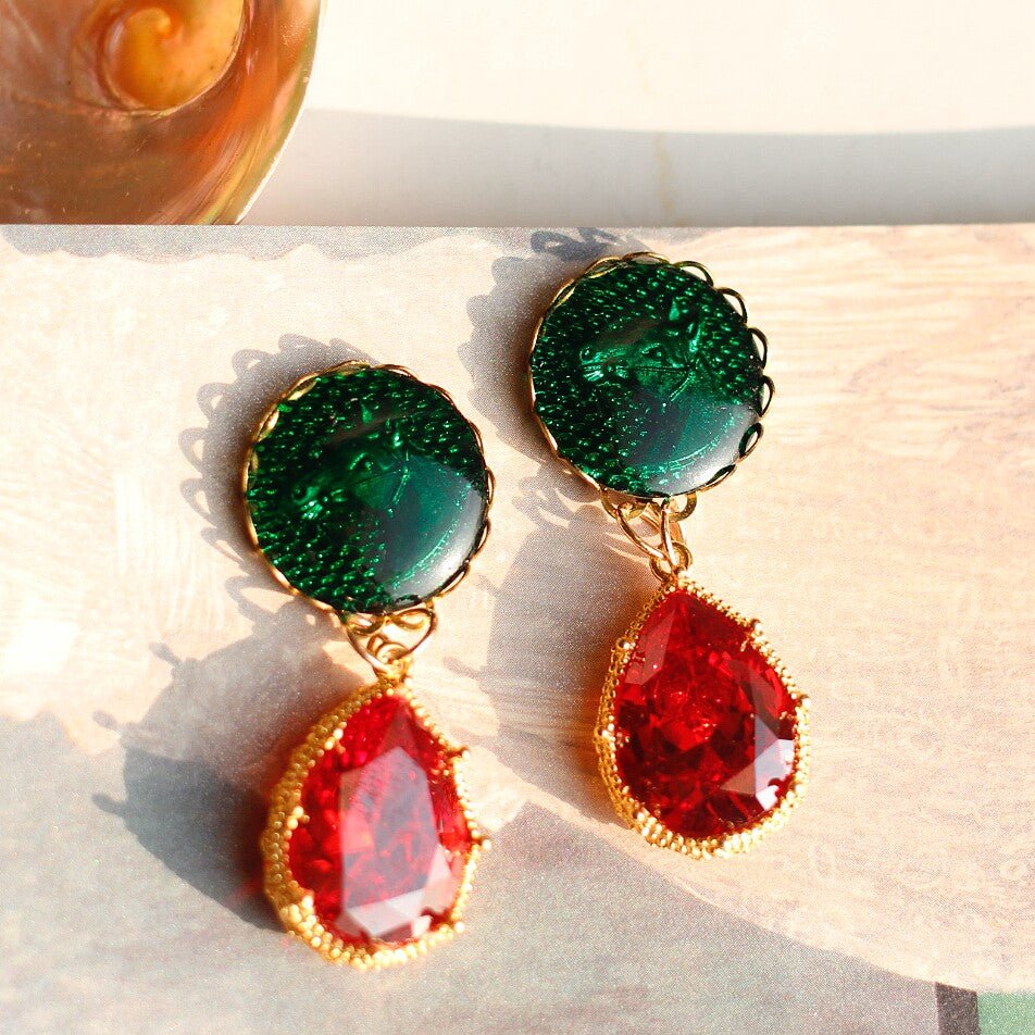 Vintage Horse Intaglio Earrings | Emerald & Red Crystal Drop - Doraflora