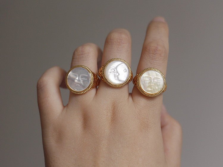 Vintage Moon Face Ring | 14K Gold Filled | Mother of Pearl Old Money Jewelry - Doraflora