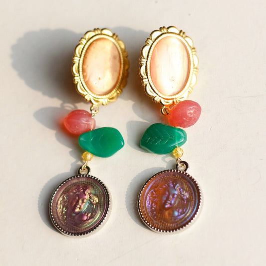 Vintage Mother - of - Pearl Cameo Drop Earrings – Fruit & Leaf Bead Accents - Doraflora