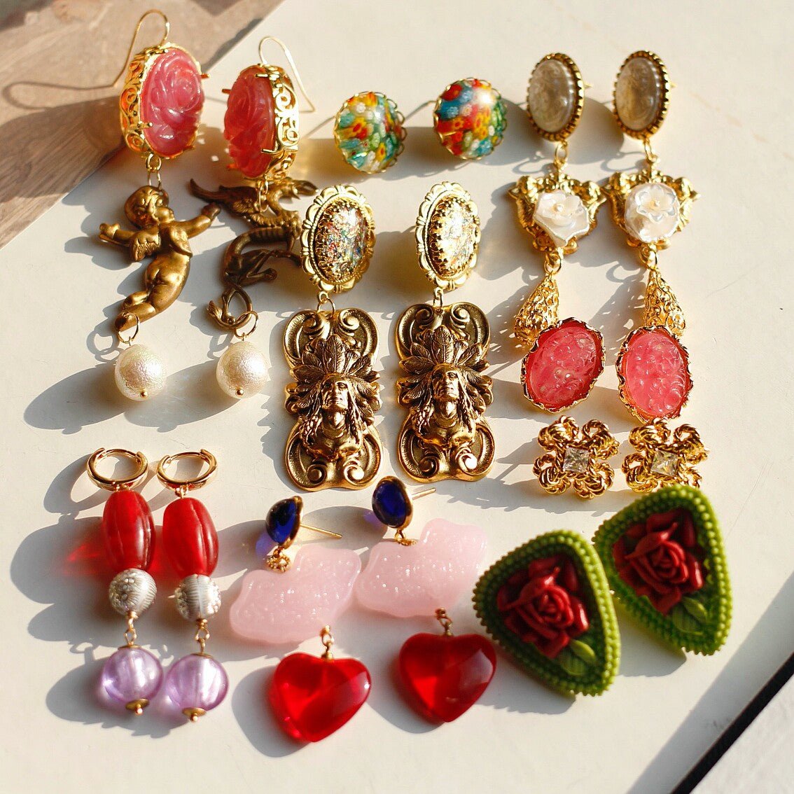 Vintage Peach Cat's Eye Drop Earrings – Mother - of - Pearl & Gold Rose Accent - Doraflora