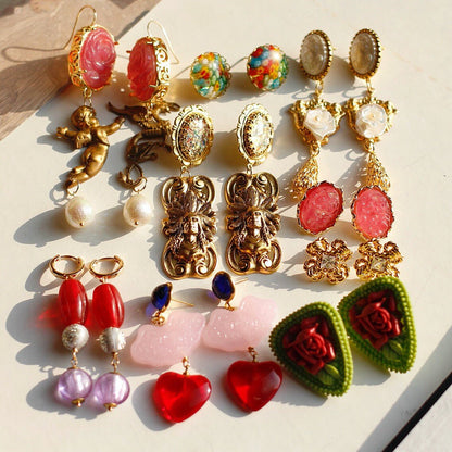 Vintage Peach Cat's Eye Drop Earrings – Mother - of - Pearl & Gold Rose Accent - Doraflora