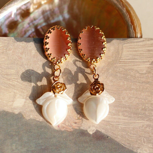 Vintage Peach Cat's Eye Drop Earrings – Mother - of - Pearl & Gold Rose Accent - Doraflora