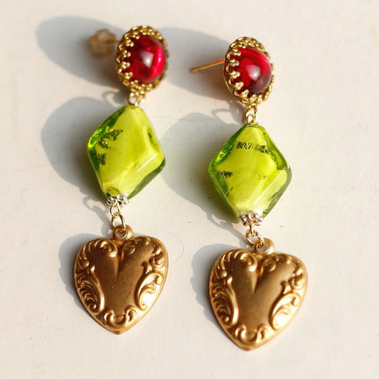 Vintage Red & Green Glass Heart Drop Earrings – Antique Gold - Tone Filigree - Doraflora